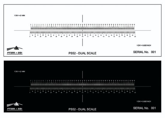 Picture of Dual Micrometer Calibration Slide, 76mm x25mm, Positive Img, 50mm In 0.1mm Divisions, 2” In 0.005” Di